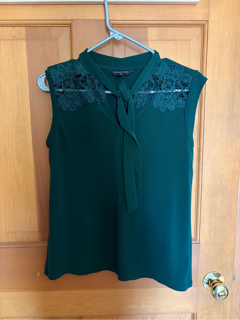 Banana Republic Deep Green Sleeveless Tie-Neck Lace Yoke Blouse